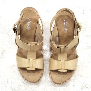 Clarks Tan Leather T-Strap Slingback Heels